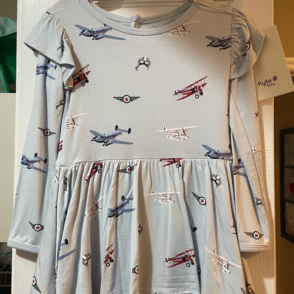 Kyte BABY Airplane Print Dress - Light Blue and Red NWT 3T